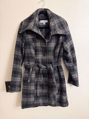 Valerie Stevens Black & Gray Plaid Belted Trench Coat